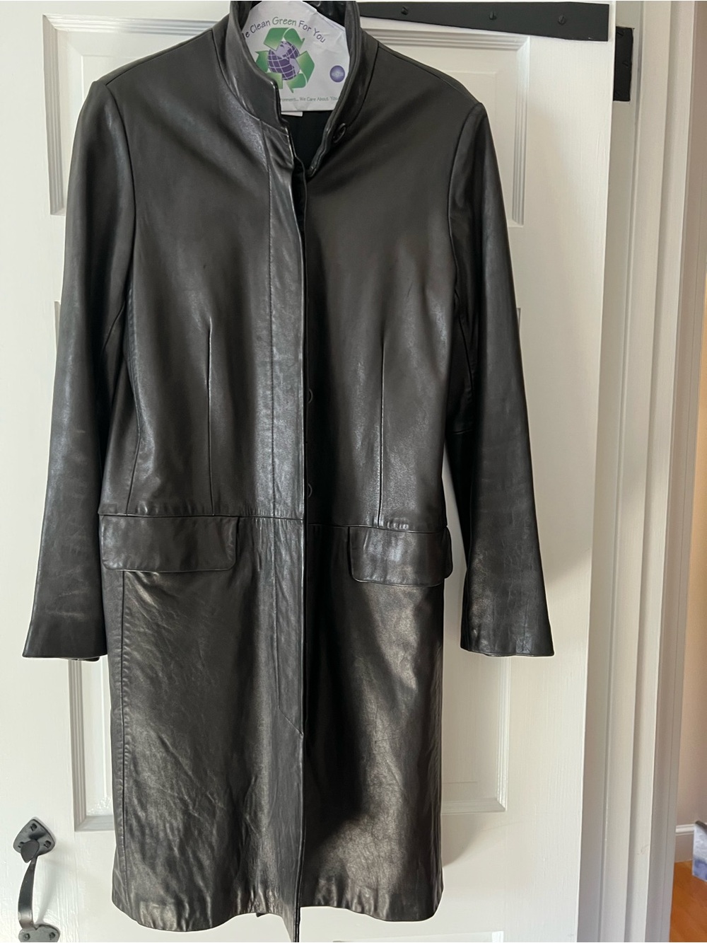 Paradox Black Leather Longline Coat with Flap Pockets